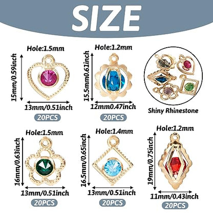 Cheriswelry 100Pcs Light Gold Plated Rhinestone Iron Charms Crystal Heart Flower Rhombus Round Pendants 5 Styles 15-19mm for DIY Crafts Necklace Earring Jewelry Making - color: Mixed Color*4