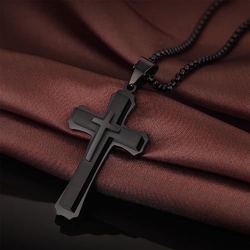 Men's Cross Necklace 316L Stainless Steel Large Heavy Cross Pendant for Men Polished Jewelry Rolo Chain with 22'' 24'' 26'' - color: C-black, size: 26 inch