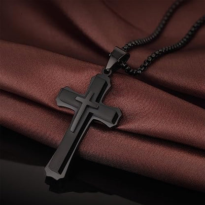 Men's Cross Necklace 316L Stainless Steel Large Heavy Cross Pendant for Men Polished Jewelry Rolo Chain with 22'' 24'' 26'' - color: C-black, size: 26 inch