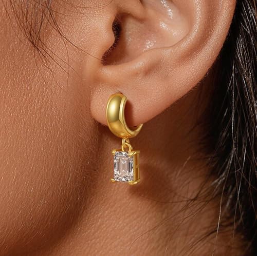 Gold Huggie Dangle Earrings for Women Chunky Hoop Huggies Cubic Zirconia Drop Earring Diamond Crystal Charm Statement Teardrop Earrings Jewelry Gifts - color: Gold-Rectangle
