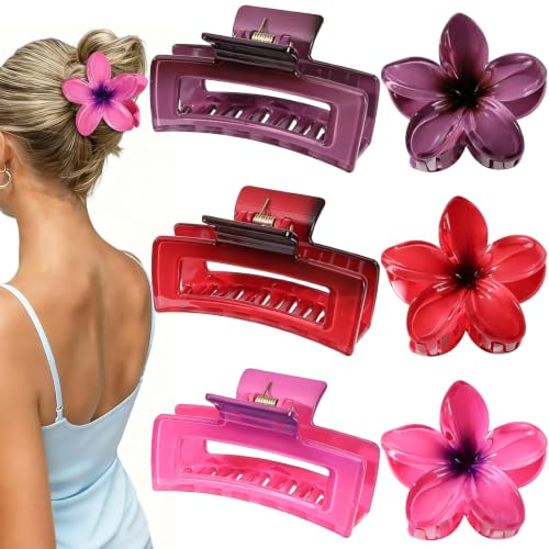Flower Hair Clips for Women, Square Claw Clips for Girls 6 PCS -Tropical | 2 Styles Hair Claw Clips for Thick or Thin Hair Hawaiian Hibiscus Rectangle Large Plumeria Medium Hair Accessories for Women - color: Tropical