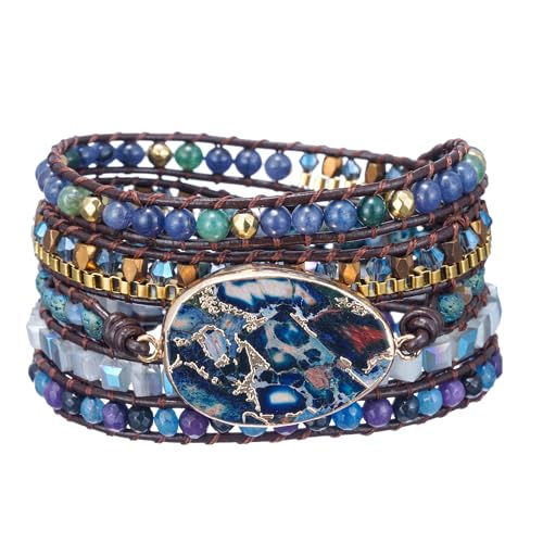 Plumiss Women Boho Handmade Natural Stone Crystal Leather Bead Wrap Bracelets Collection - style: Blue Gold Jasper