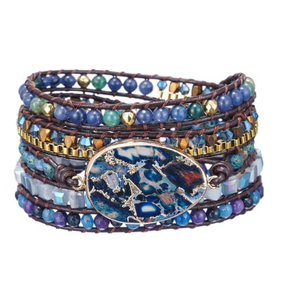 Plumiss Women Boho Handmade Natural Stone Crystal Leather Bead Wrap Bracelets Collection - style: Blue Gold Jasper