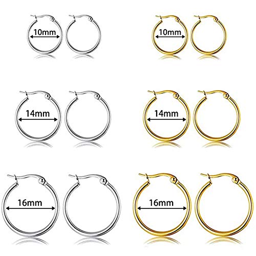 5-10 Pairs Small Gold Silver Hoop Earrings for Women, Stainless Steel Earrings Set Mens Lightweight Thin Hypoallergenic Small Hoops Set - style: 6pcs-Gold+Silver