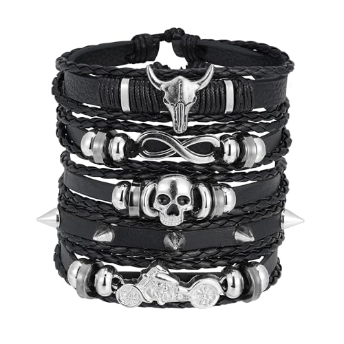 Braided Faux Leather Bracelet Punk Cuff Wrap Bracelets for Men Women Skull,Star,Bull bracelets - color: A7:5PCS