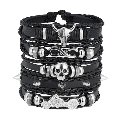 Braided Faux Leather Bracelet Punk Cuff Wrap Bracelets for Men Women Skull,Star,Bull bracelets - color: A7:5PCS