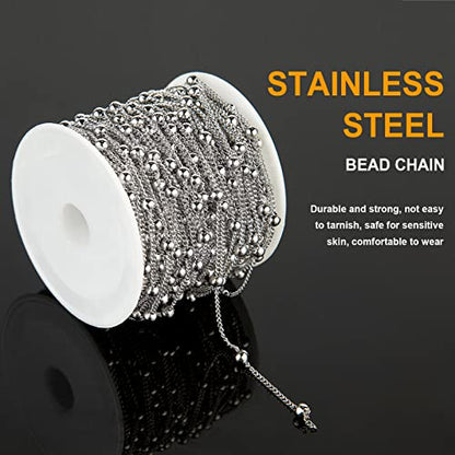 Silver Satellite Bead Chain 304 Stainless Steel Chain for Jewelry Making | 32.8 Feet/10M Women Necklace Chains Bulk Thin Curb Craft Chain DIY Jewelry Supplies - color: Bead Silver