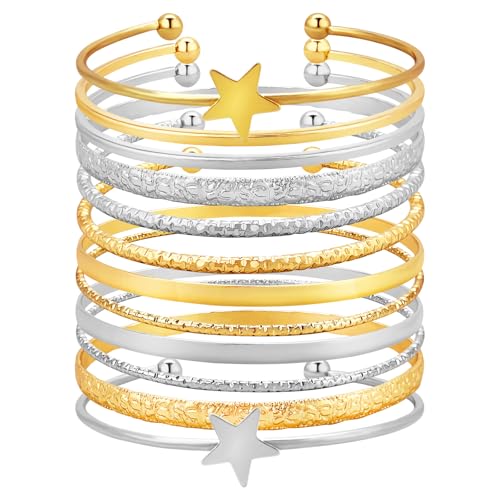 YBMYCM 10Pcs Gold-plated Bangle Bracelet Set for Women Multi Layer Stackable Wide Bangles Indian Chunky Bangle Bracelets Ethnic Glossy Textured Bracelets Wedding Outfit Jewelry - style: 12pcs-G-Silver