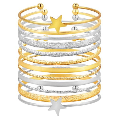 YBMYCM 10Pcs Gold-plated Bangle Bracelet Set for Women Multi Layer Stackable Wide Bangles Indian Chunky Bangle Bracelets Ethnic Glossy Textured Bracelets Wedding Outfit Jewelry - style: 12pcs-G-Silver