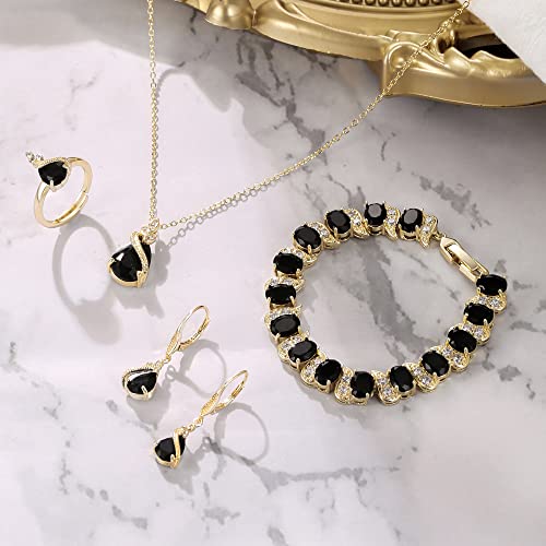 Jewelry Set for Bride, Sparkling Water Drop Cubic Zirconia Crystal Pendant Necklace Leverback Earrings Tennis Bracelet Adjustable Ring Gift for Wedding/Birthday/Mother's Day/Christmas - color: 07-Black Gold-Plated-Brass