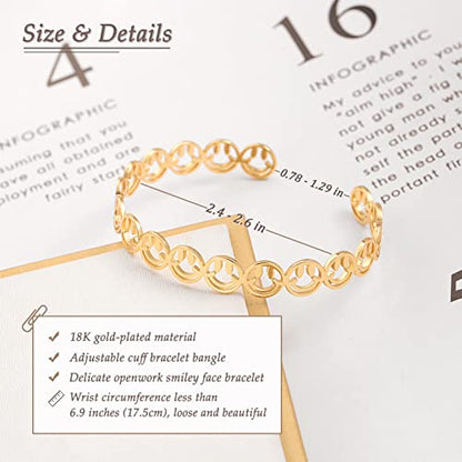 PERNNLA PEARL Dainty Gold Bar Bracelet for Women Simple Delicate Thin Cuff Bangle Hook Bracelet 18K Gold Plated Handmade Minimalist Jewelry - color: 11.Smiley Face