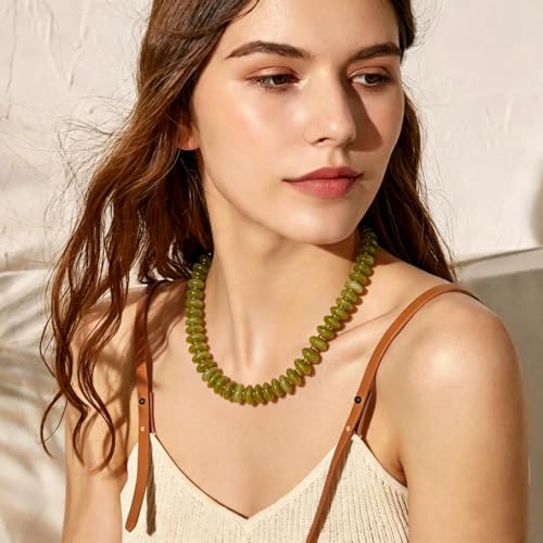 Resin Chunky Beaded Necklace for Women,Vacation Jewelry | Acrylic Beads,Boho Summer Beach Handmade Jewelry,Trendy Bold Statement Beaded Necklace,Birthday Gift for Women - color: Olive Green