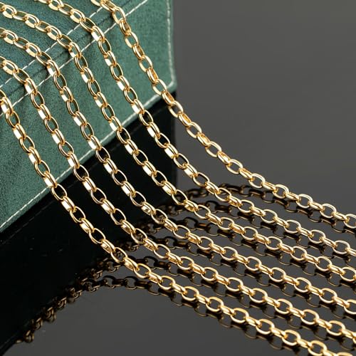 UMAOKANG 16.4 Feet Stainless Steel Oval Chain Gold Plated Chains Bulk with Jump Rings and Lobster Clasps Jewelry Chain Roll - color: Gold Rolo