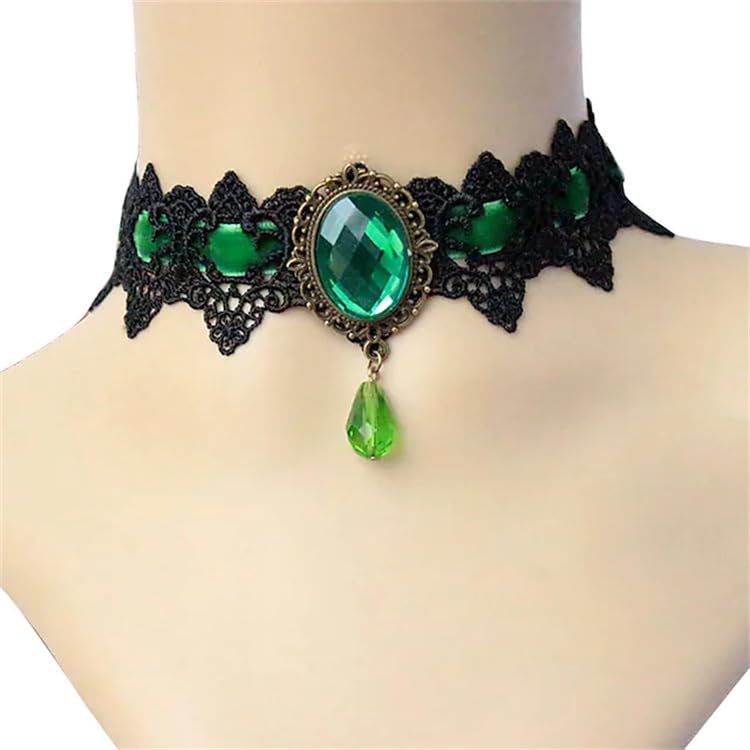 CSIYANJRY99 Gothic Choker Necklace for Women Halloween Red Crystal Vampire Choker Steampunk Lace Choker Witch Costume Accessories - style: Green