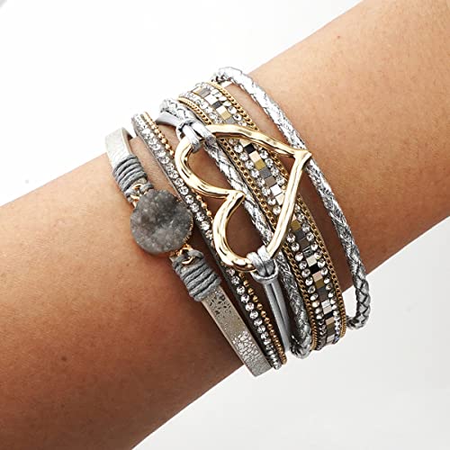 Suyi Multilayer Leather Wrap Bracelet Heart-Shape Wide Bracelets for Women - color: Silver