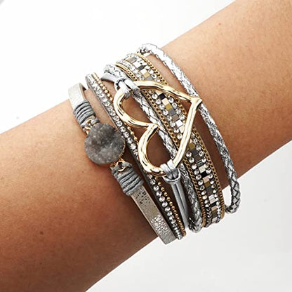 Suyi Multilayer Leather Wrap Bracelet Heart-Shape Wide Bracelets for Women - color: Silver