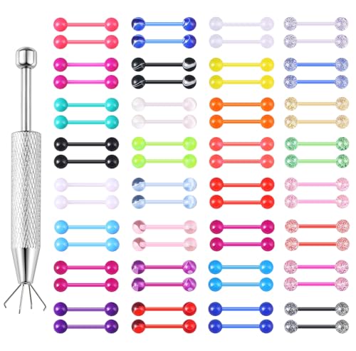 64Pcs 14G Glow in Dark Flexible Acrylic Piercing Jewelry for Women | Straight Tongue Barbell Nipple Ring Retainer Piercing Jewelry 14mm Bar