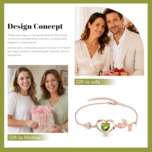 1CT Rose Heart Birthstone Bracelet for Women Love Gift - style: Aug Olive Gold