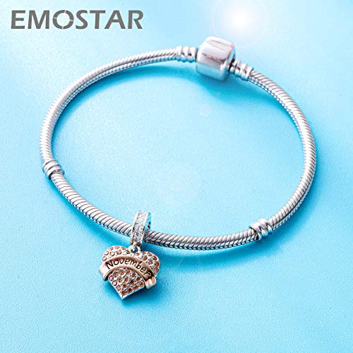 EMOSTAR Jan-Dec Birthstone Charms fits European Birthday Bracelet, Dangle 925 Sterling Silver Heart Shaped Pendant with 12 Months Birthstones, Gifts for Mom/Women - color: November Birthstone