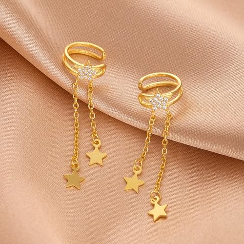 Dainty Star Tassel Dangle Ear Cuff Cartilage Clip On Earrings for Women 925 Sterling Silver Cubic Zirconia Crystal Small Huggie Hoops Chain Link Drop Dangling Layered Wrap Earring Fashion Birthday Jewelry Gifts Hypoallergenic Clips - color: Gold