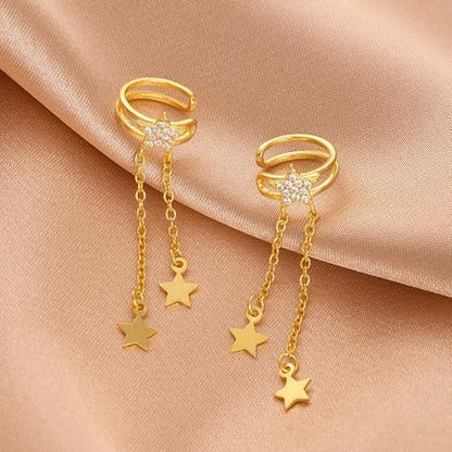 Dainty Star Tassel Dangle Ear Cuff Cartilage Clip On Earrings for Women 925 Sterling Silver Cubic Zirconia Crystal Small Huggie Hoops Chain Link Drop Dangling Layered Wrap Earring Fashion Birthday Jewelry Gifts Hypoallergenic Clips - color: Gold
