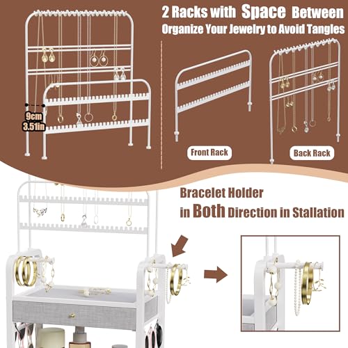 Large Jewelry Organizer Stand with Box Drawer, Multifunctional Display Cases with Wheels, Armoire Jewelry Cabinet for Earring Necklace Ring Bracelet Makeup