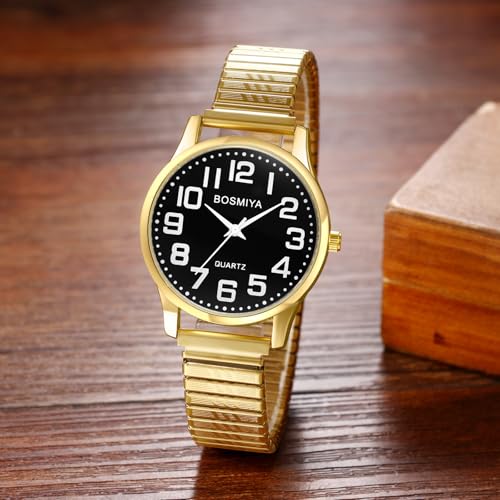 Avaner Stretch Band Wrist Watches: Elastic Strap Bangle Big Number Easy Reader Analog Quartz Wristwatch for Men Women - color: Gold Band Black Dial (for men)