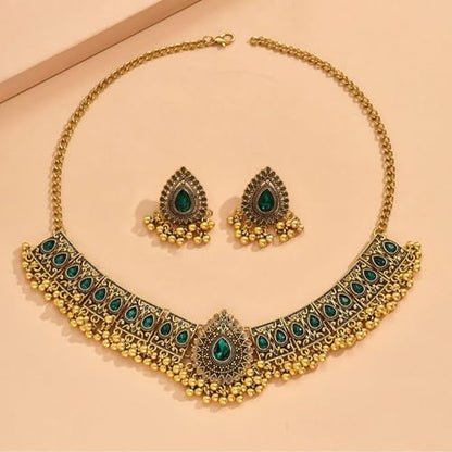 Frodete Indian Jewelry Sets for Women Traditional Bohemian Wedding Jewelry Set Indian Dresses for Women Oxidized Ethnic Party Prom Wear - color: B3:green indian necklace earring sets