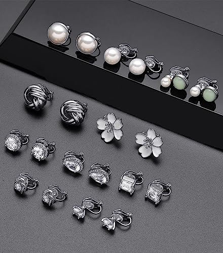 Tornito 10-15 Pairs Clip on Stud Earrings Non Pierced Teardrop Round Square CZ Pearl Twist Knot Flower Butterfly Heart Star Rainbow Cat Opal Clip on Earrings for Women - color: A: Silver Tone