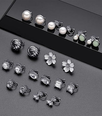 Tornito 10-15 Pairs Clip on Stud Earrings Non Pierced Teardrop Round Square CZ Pearl Twist Knot Flower Butterfly Heart Star Rainbow Cat Opal Clip on Earrings for Women - color: A: Silver Tone