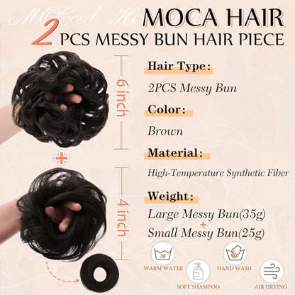 2PCS Messy Bun Hair Pieces Synthetic Hairpieces For Women Brown | Messy Bun and Donut Bun in one set for natural-looking volume and elegant updos for every occasion. - color: Brown