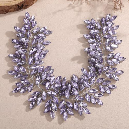 Missgrace Women Silver Green Black Red Blue Handmade Full Crystal Rhinestone Large Headband Hair Vine Shinny Headpiece Bridal Wedding Hair Accessories for Women (Light purple) - color: Light purple
