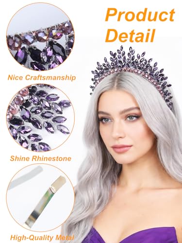Bridal Rhinestone Headband Wedding Hair Accessories for Women, Pearl Crystal Headband Wedding Costume Headpieces for Brides Princess Quinceanera Christmas Party Prom Birthday(Purple) - color: Purple