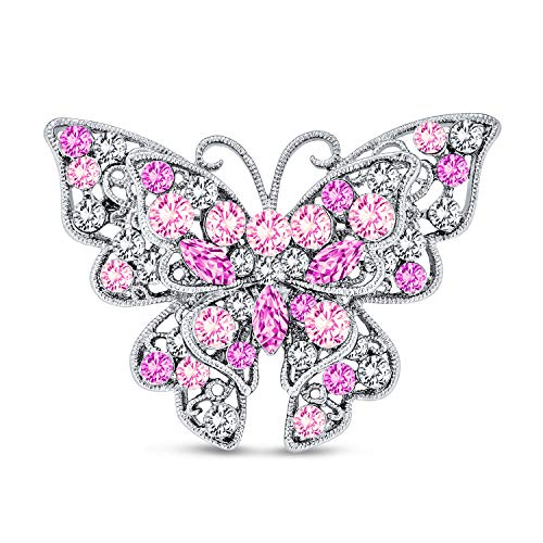 Bling Jewelry Large Statement Crystal Accent Yellow Orange Golden Aqua Blue Black Clear Garden Dragonfly Firefly Fluttering Filigree Butterfly Brooch Scarf Pin For Women And Teens Silver Gold Plated - color: Pink