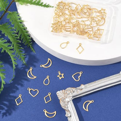 8-64Pcs Silver Goldern Color Heart Pendants Charms 10 Styles Heart Stainless Steel Metal Charms for Jewelry Making Crafting Necklaces Bracelets Earrings Keychains Birthday Gift - color: Golden 5 Shapes-60 pcs