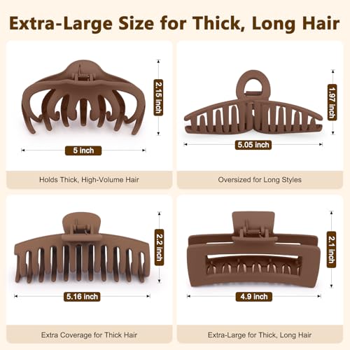Matte 5 Inch Large Hair Clips for Thick Hair, Brown, 4 Pack | Extra large hair claw clips in brown, designed for secure hold and everyday styling - color: Matte: Brown