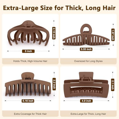 Matte 5 Inch Large Hair Clips for Thick Hair, Brown, 4 Pack | Extra large hair claw clips in brown, designed for secure hold and everyday styling - color: Matte: Brown