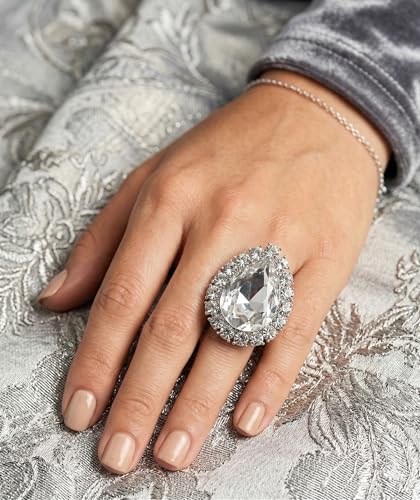 NYFASHION101 Radiant Teardrop Stone Adjustable Cocktail Statement Ring - color: Clear/Silver-Tone