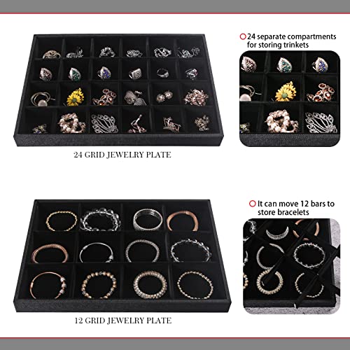 Julysky 4 Pcs/set Stackable Jewelry Organizer Trays with Glass Lid,100 Slots Ring Holder,Bracelet Displays Stand for Selling Necklace Earring Rack - size: 100slot+12grid+24grid
