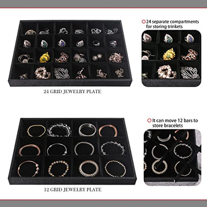 Julysky 4 Pcs/set Stackable Jewelry Organizer Trays with Glass Lid,100 Slots Ring Holder,Bracelet Displays Stand for Selling Necklace Earring Rack - size: 100slot+12grid+24grid