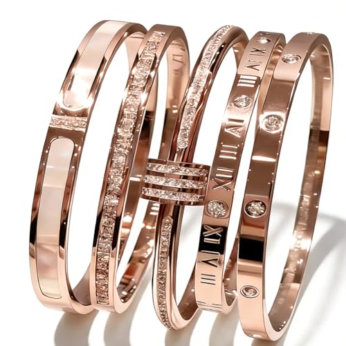 CERULEAN 5-Piece Elegant Stainless Steel Bracelet Set, Fashionable Classic Design, Stainless Steel 5 Piece Bracelet Set, Non Tarnish Bangle, Elegant Bracelets Sets for Everyday and Formal Wear - color: Rose Gold
