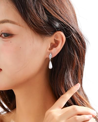 Pearl Earrings for Women, 14k Gold Plated Trendy Diamond Pearl Drop Earrings Bridal Shower Gifts Wedding jewelry for Women - color: Style I Silver