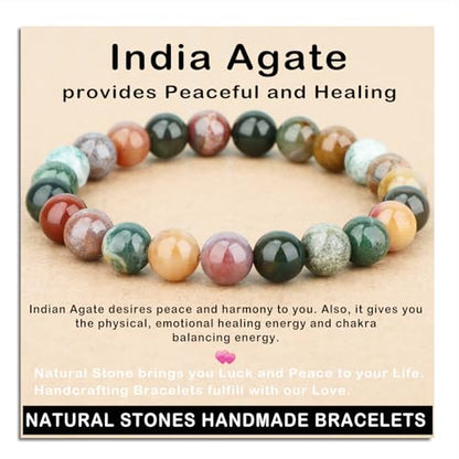 AD Beads Handmade Gemstone Stretch Elastic Bracelet Crystal Healing Reiki Nature's Beauty and Spiritual Essence Unisex (8mm, Indian Agate) - color: Indian Agate, size: 8mm