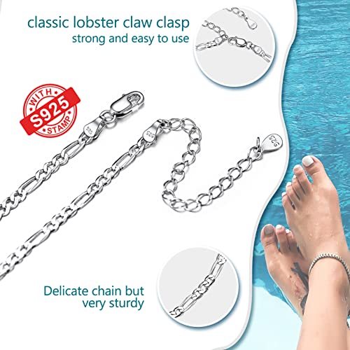 PROSILVER 925 Sterling Silver Ankle Bracelets For Women, Stylish Chain Anklets, Summer Beach Jewelry, 8.6-10.6 Inch Adjustable, Come with Box - style: 03 Figaro Anklet-3mm