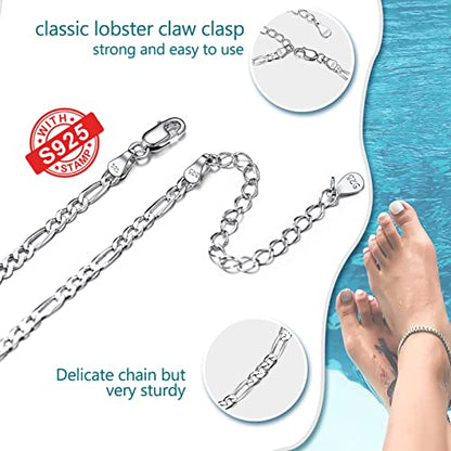 PROSILVER 925 Sterling Silver Ankle Bracelets For Women, Stylish Chain Anklets, Summer Beach Jewelry, 8.6-10.6 Inch Adjustable, Come with Box - style: 03 Figaro Anklet-3mm