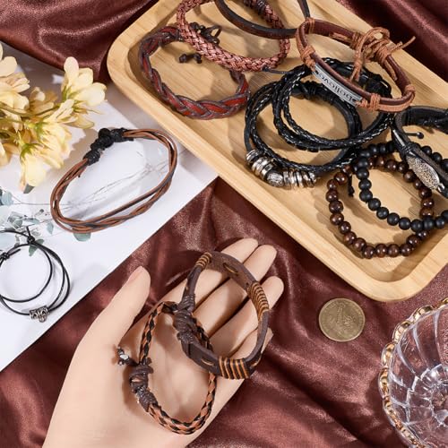 13PCS Boho Cowhide Leather Woven Wrap Bracelets Adjustable Braided Leather Wrist Cuff Stackable Multilayered Hemp Cords Ethnic Tribal Wooden Beads Wristband Bracelets Set for Men Women