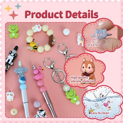12pcs 3D Animals Silicone Focal Beads for Pens | Focal Beads for Keychain Making,Pens,Bracelet,Necklace Crafts,Bulk Silicone Beads for DIY（3D animals） - color: 3D animals