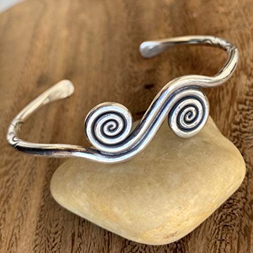 Sterling Silver Boho Cuff Bracelet with Spirals and Symbolic Engravings, Adjustable Handmade Engraved Ethnic Tribal Rounded, for Women (M-L) or Men (S-M)
