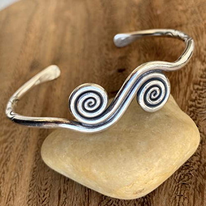 Sterling Silver Boho Cuff Bracelet with Spirals and Symbolic Engravings, Adjustable Handmade Engraved Ethnic Tribal Rounded, for Women (M-L) or Men (S-M)