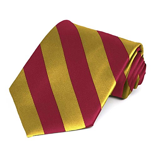 tiemart Men's Striped Tie Standard Length - color: Crimson Red and Gold